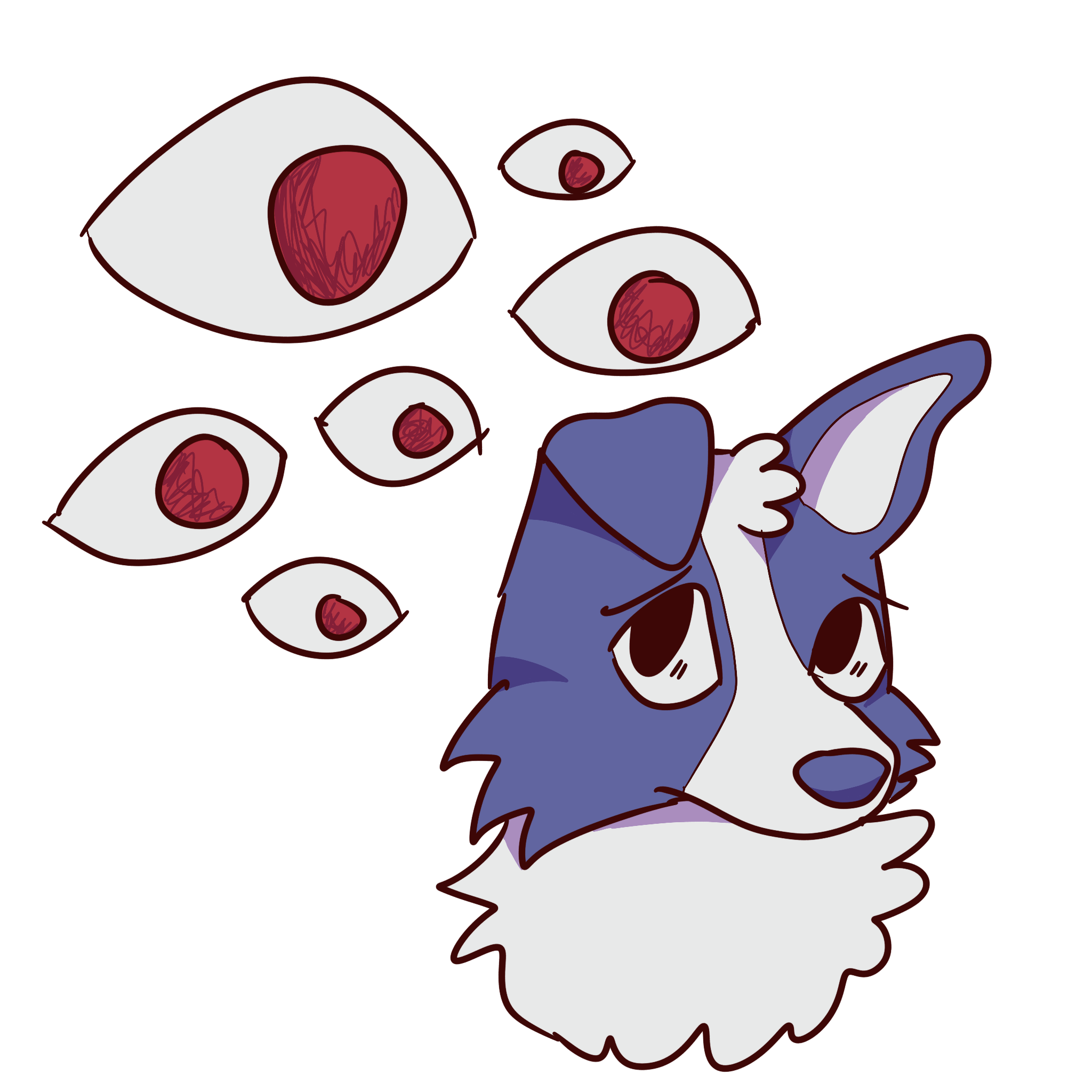 a blue dog looking scared at a bunch of floating eyes with red irises.